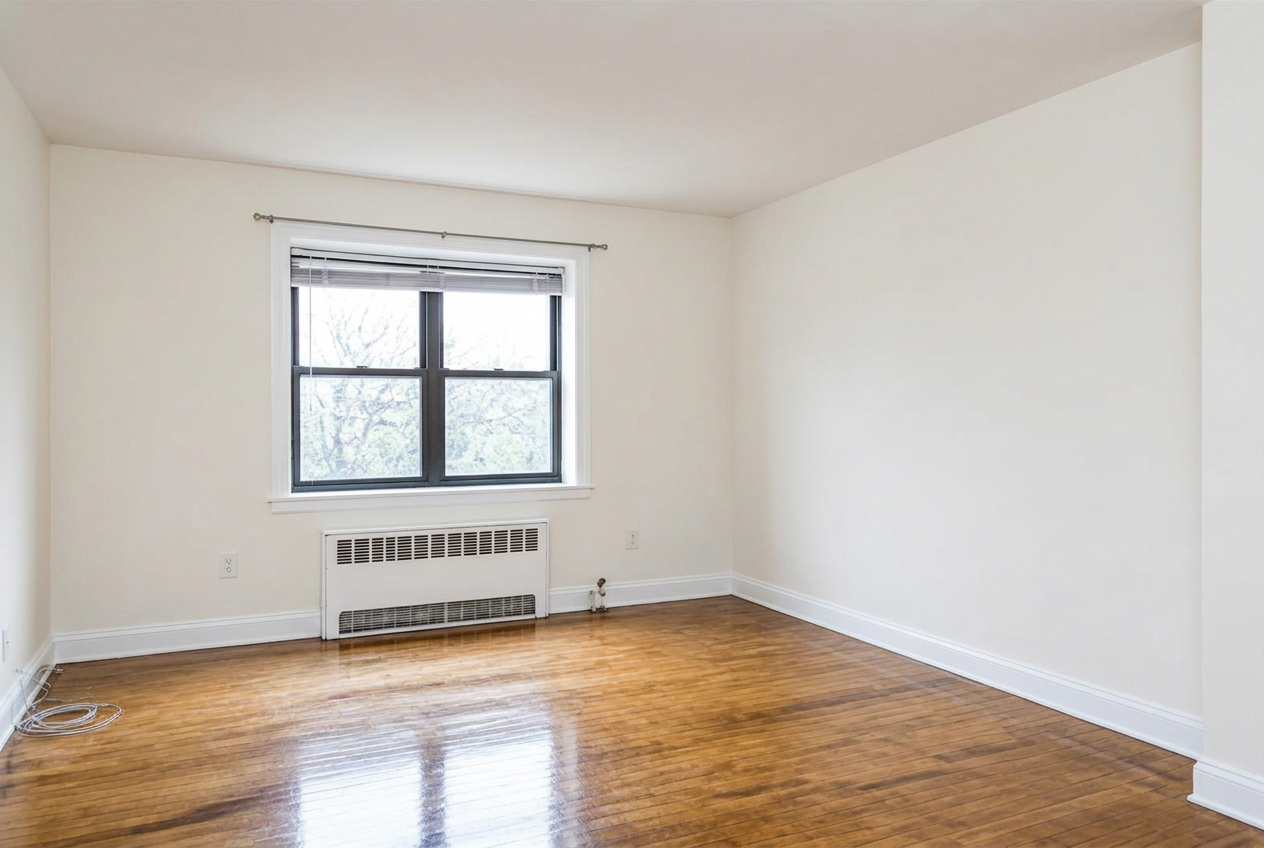 The same room after a full repaint with fresh trim and baseboards