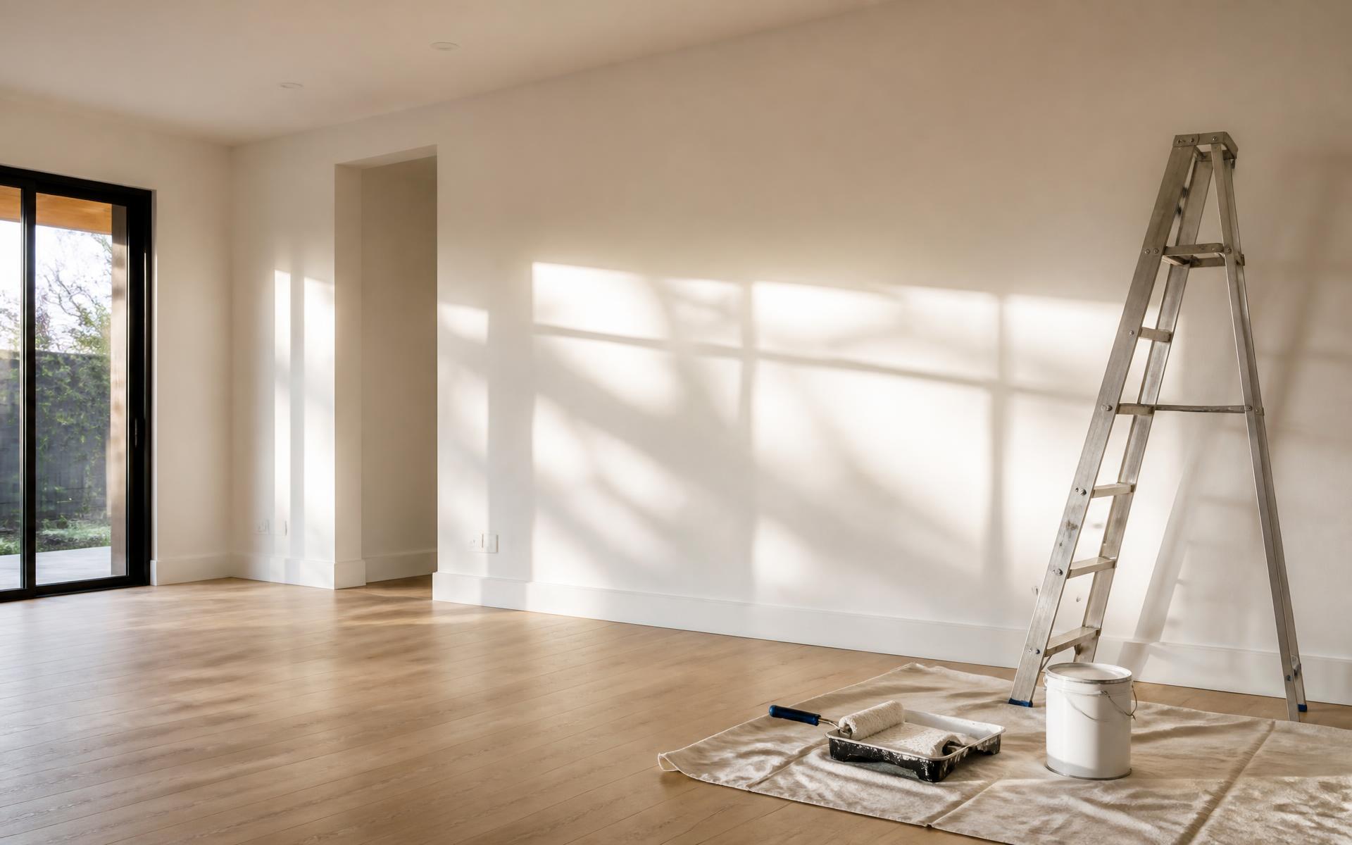 Freshly painted modern Sacramento living room with ladder, drop cloth and paint tray